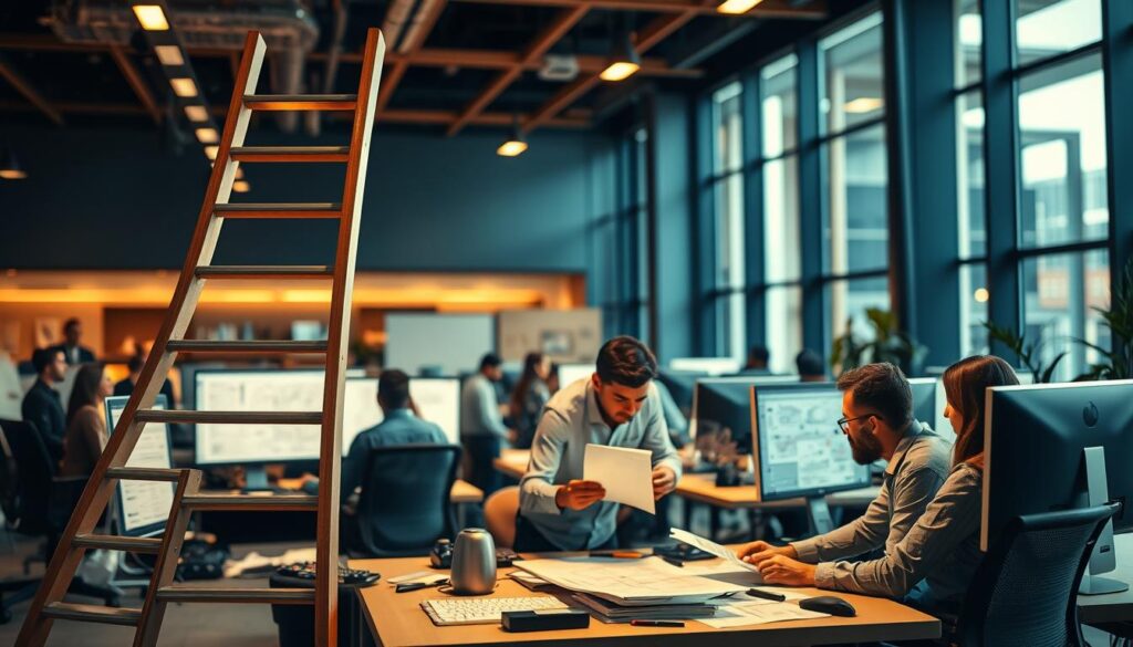A bustling office setting with engineers collaborating on various projects, surrounded by computer monitors, technical blueprints, and engineering tools. In the foreground, a career ladder representing the diverse paths in engineering management, from project manager to director of engineering. The middle ground showcases engineers of different specialties - mechanical, electrical, software - discussing strategies and solutions. The background features a sleek, modern architecture with large windows, evoking a dynamic, innovative atmosphere. Warm, directional lighting emphasizes the collaborative nature of the scene, creating depth and highlighting the distinct roles within engineering management.