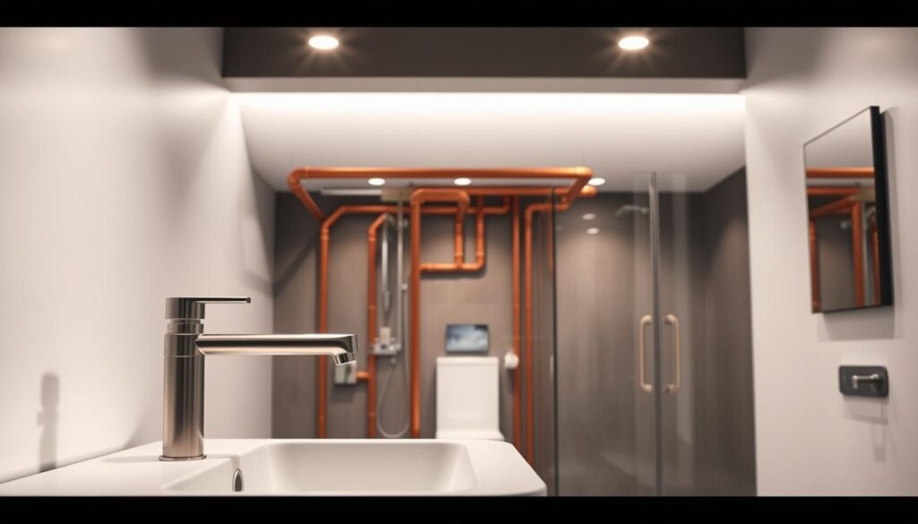 A clean, modern bathroom interior with a sleek and minimalist aesthetic. In the foreground, a state-of-the-art faucet and sink unit in brushed nickel, with clean lines and a simple, elegant design. The middle ground features an exposed copper and PVC pipe system, highlighting the sophisticated plumbing infrastructure that powers the room. In the background, a wall-mounted toilet and shower enclosure with frameless glass panels, all bathed in warm, diffused lighting from recessed ceiling fixtures. The overall atmosphere is one of functional modernity, showcasing the technical advancements and thoughtful design that define contemporary plumbing systems.