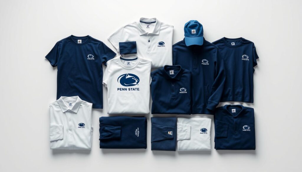 A collection of high-quality Penn State Engineering t-shirts, polos, and sweatshirts displayed against a clean, minimalist background. The garments feature the university's iconic blue and white color scheme, with subtle yet bold designs showcasing the engineering program's heritage and excellence. The shirts are neatly folded and arranged in a visually appealing grid layout, creating a sense of order and professionalism. Soft, diffused lighting illuminates the fabrics, highlighting their texture and quality. The overall composition conveys a sense of pride, academic rigor, and the prestige associated with the Penn State engineering program.