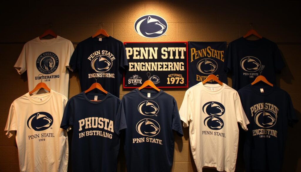 A collection of vintage Penn State Engineering t-shirt designs, showcasing the evolution of the program's iconic branding. In the foreground, a vibrant assortment of tees from different eras, each featuring the university's crest, mascot, and emblematic blue and white color scheme. In the middle ground, a display of stylized graphics and typography that have adorned the shirts over the decades, reflecting the changing design trends. The background depicts a dimly lit, textured wall, lending an air of nostalgia and heritage to the scene. Warm, muted lighting casts a soft glow, highlighting the textural details and the patina of the older designs. The overall atmosphere evokes a sense of pride, tradition, and the enduring spirit of Penn State Engineering.