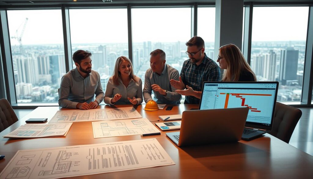 A conference table in a well-lit, modern office setting. The table is adorned with engineering schematics, project timelines, and a laptop displaying Gantt charts. In the foreground, a team of engineers is engaged in lively discussion, gesturing towards the documents. Warm, directional lighting illuminates their faces, conveying a sense of focused collaboration. The background features floor-to-ceiling windows, offering a panoramic view of a bustling cityscape, symbolizing the broader context of the engineering project. The overall atmosphere is one of structured, deliberate planning and execution, reflecting the primary functions of engineering management.