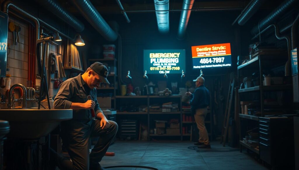 A dimly lit industrial workshop, the air thick with the scent of oil and the sound of clanging tools. In the foreground, a plumber in overalls kneels beside a sink, wrench in hand, focused on the task at hand. The middle ground reveals an array of plumbing supplies - pipes, fittings, and tools neatly organized on shelves. In the background, a wall-mounted television displays emergency plumbing service information, the logo and phone number illuminated in a warm, inviting glow. The lighting is low-key, casting dramatic shadows and emphasizing the urgency of the situation. The overall mood is one of efficiency, expertise, and a willingness to respond to any plumbing crisis, day or night.