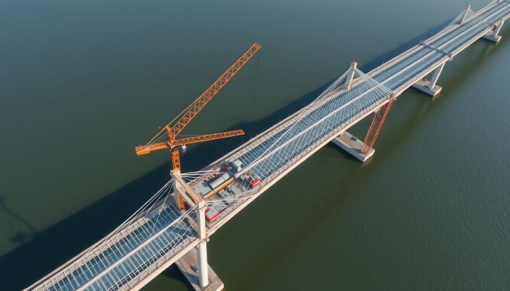 A massive bridge construction project spanning across water, demonstrating the scale of work by notable civil engineering companies A massive bridge construction project spanning across water, demonstrating the scale of work by notable civil engineering companies