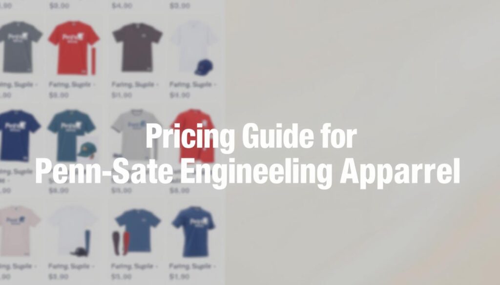 A meticulously designed pricing guide for Penn State Engineering apparel, featuring a clean, minimalist layout against a soft, neutral backdrop. In the foreground, a grid of product images showcases a variety of shirts, tees, and other merchandise, each with its corresponding price listed in a clear, legible font. The middle ground highlights the section title, "Pricing Guide for Penn State Engineering Apparel," rendered in a bold, modern typeface that commands attention. The background gently blurs, allowing the focus to remain on the pricing information. Warm, natural lighting casts a subtle glow, conveying a sense of professionalism and attention to detail.