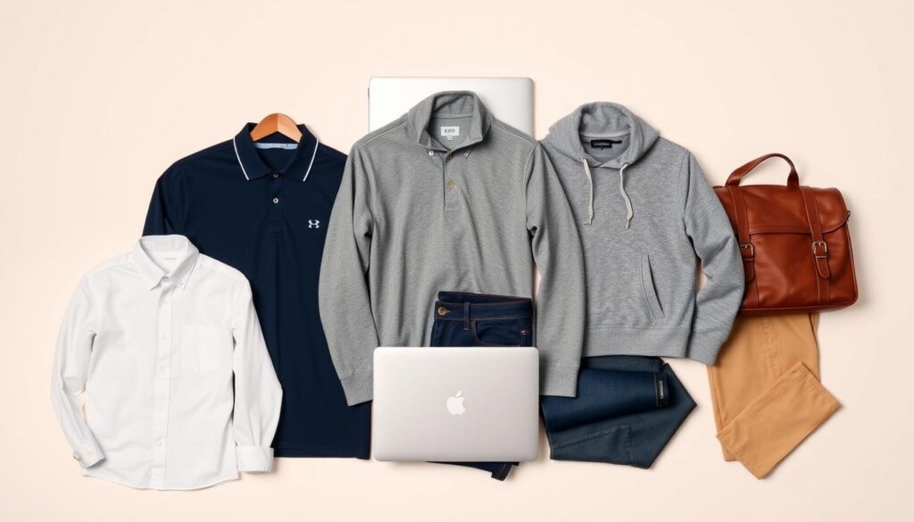 A neatly arranged assortment of essential engineering student attire, displayed against a clean, minimalist background. In the foreground, a crisp white button-down shirt, a navy blue polo, and a heather gray pullover hoodie. In the middle ground, a pair of dark wash slim-fit jeans and a set of khaki chinos. In the background, a sleek, silver laptop and a well-worn leather messenger bag, conveying a sense of productivity and academic focus. The lighting is soft and diffused, creating a warm, inviting atmosphere that highlights the practical yet stylish nature of the ensemble. The camera angle is slightly elevated, allowing for a comprehensive view of the clothing items and accessories that make up the quintessential engineering student's wardrobe.