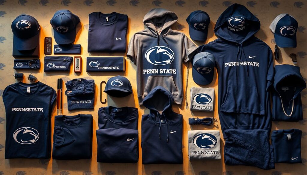 A neatly arranged display of Penn State Engineering merchandise, including a variety of t-shirts, hoodies, hats, and accessories, all showcasing the university's iconic blue and white color scheme. The items are illuminated by warm, natural lighting, casting gentle shadows and highlighting the high-quality materials and intricate designs. The background features a subtle Penn State-themed pattern, providing a cohesive and visually appealing setting. The overall composition conveys a sense of school pride and the availability of a wide range of merchandise for Penn State Engineering students, alumni, and fans.