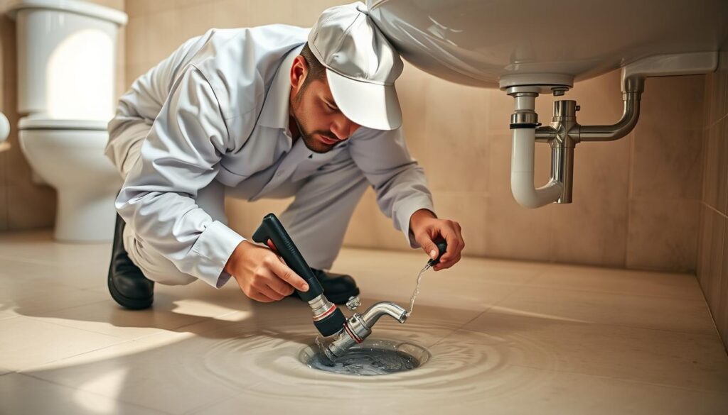 A professional plumber in a crisp white uniform, crouched down in front of a bathroom sink, using a variety of specialized tools to meticulously inspect and clear a clogged drain. The drain water swirls and bubbles, contrasting with the clean, well-lit, modern bathroom tiles and fixtures. The plumber's face is focused, their movements precise, conveying expertise and dedication to the task at hand. The scene is bathed in a warm, natural light, creating a sense of calm professionalism. The overall atmosphere evokes trust, reliability, and the skilled, detail-oriented work of a true plumbing expert.