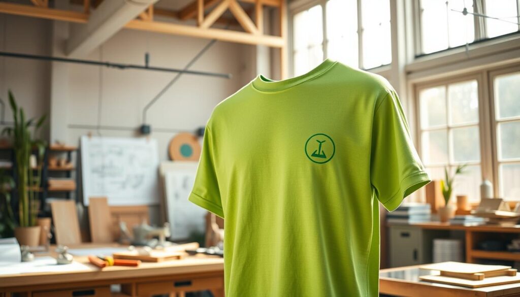 A sustainable engineering t-shirt in a vibrant green hue, showcasing a minimalist graphic design inspired by renewable energy symbols. The fabric has a soft, organic texture and the cut is modern and flattering. In the background, a workshop filled with technical diagrams, prototype models, and an array of eco-friendly materials like bamboo and recycled plastics. Natural lighting streams in through large windows, casting a warm glow on the scene. The overall atmosphere conveys a sense of innovation, environmental responsibility, and a commitment to creating apparel that aligns with the principles of sustainable engineering.