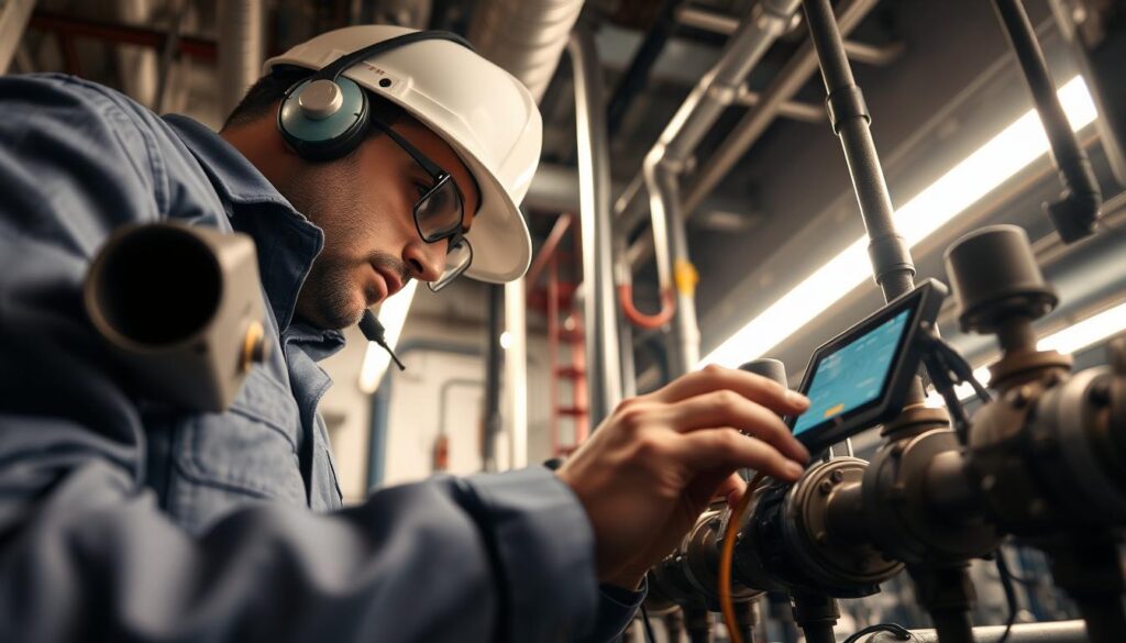 A technician inspecting a complex network of pipes and valves, using advanced leak detection equipment. The scene is set in a well-lit industrial or commercial setting, with a focus on the diagnostic tools and instruments used to identify and locate leaks. The image has a technical, problem-solving atmosphere, conveying the importance of proactive maintenance and early intervention to prevent water damage and costly repairs. The angle and composition highlight the technician's expertise and the sophisticated nature of modern leak detection technology.