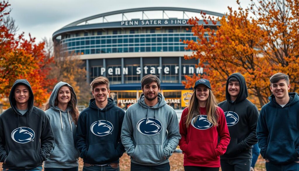 A vibrant autumn landscape, where the colors of the changing foliage are reflected in the apparel of Penn State engineering students. In the foreground, a group of students wearing a variety of seasonal outerwear - cozy hoodies, lightweight jackets, and warm sweaters, all emblazoned with the iconic Penn State logo. The middle ground features a well-stocked campus store, its windows displaying an array of Penn State engineering-themed t-shirts, long-sleeve shirts, and hats. In the background, the iconic Beaver Stadium looms, its iconic arches framing the scene. Soft, warm lighting illuminates the entire composition, creating a sense of comfort and school spirit.