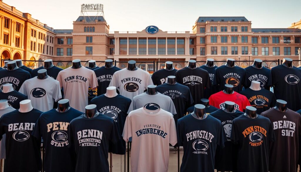 A vibrant collection of Penn State engineering shirts displayed against a backdrop of the university's iconic architecture. In the foreground, an array of tees showcases the diverse designs and slogans popular among the engineering student community - from humorous puns to bold emblems representing various disciplines. The midground features mannequins donning the shirts, captured in dynamic poses that convey the energy and pride of the engineering program. In the background, the Beaver Stadium and the distinctive limestone facades of the engineering buildings lend a sense of institutional pride and tradition. Warm, natural lighting illuminates the scene, creating a welcoming and celebratory atmosphere that captures the cultural impact of Penn State engineering shirt trends.