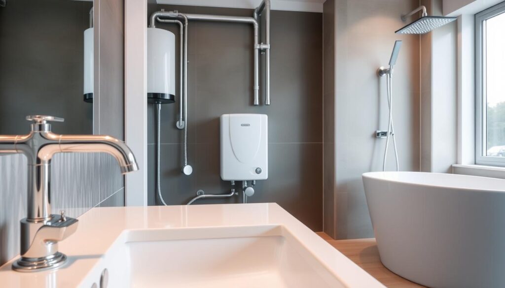 A well-lit, high-resolution image of a modern residential bathroom, showcasing a variety of plumbing solutions. In the foreground, a sleek, chrome faucet and undermount sink are prominently displayed. In the middle ground, a state-of-the-art tankless water heater is installed discreetly, with clean, minimalist piping. The background reveals a full-size bathtub with a contemporary, rainfall showerhead. The overall scene conveys a sense of efficient, streamlined plumbing design that seamlessly integrates with the home's interior aesthetic.