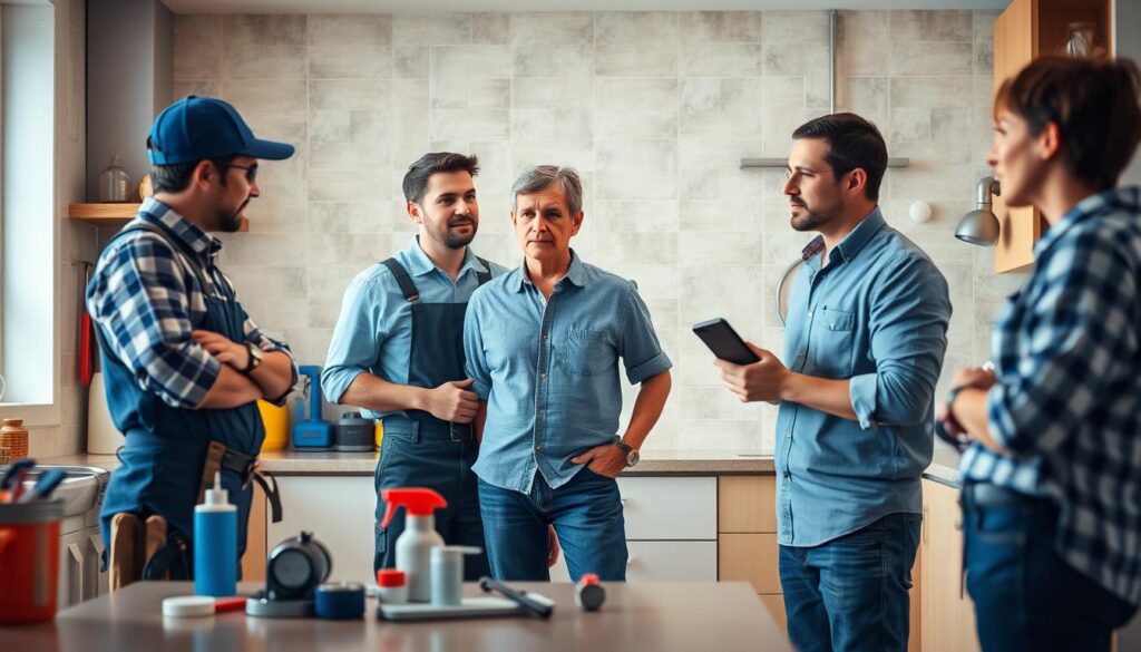A well-lit, modern kitchen interior with a focus on the foreground. In the center, a homeowner stands in a thoughtful pose, considering options from two plumbers, one wearing a uniform and the other a casual outfit, both presenting their credentials and tools. The middle ground showcases various plumbing supplies, tools, and equipment, while the background features a neutral tiled wall, subtly hinting at the professionalism and expertise required for a successful plumbing project. The lighting is warm and inviting, creating a welcoming atmosphere that conveys the importance of choosing the right plumbing experts.
