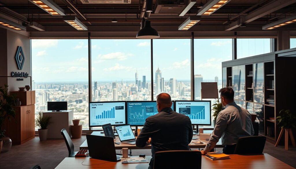 A well-organized office interior with a focus on quality management processes. In the foreground, a team of engineers collaborating at a large table, discussing process improvement strategies and reviewing quality control metrics displayed on a digital dashboard. The middle ground features a company logo, signage, and modern office decor that conveys a sense of professionalism and attention to detail. The background showcases a panoramic view of a bustling city skyline, suggesting a thriving business environment. Warm, indirect lighting creates a productive and thoughtful atmosphere. The overall scene emphasizes the vital role of quality management in engineering management.