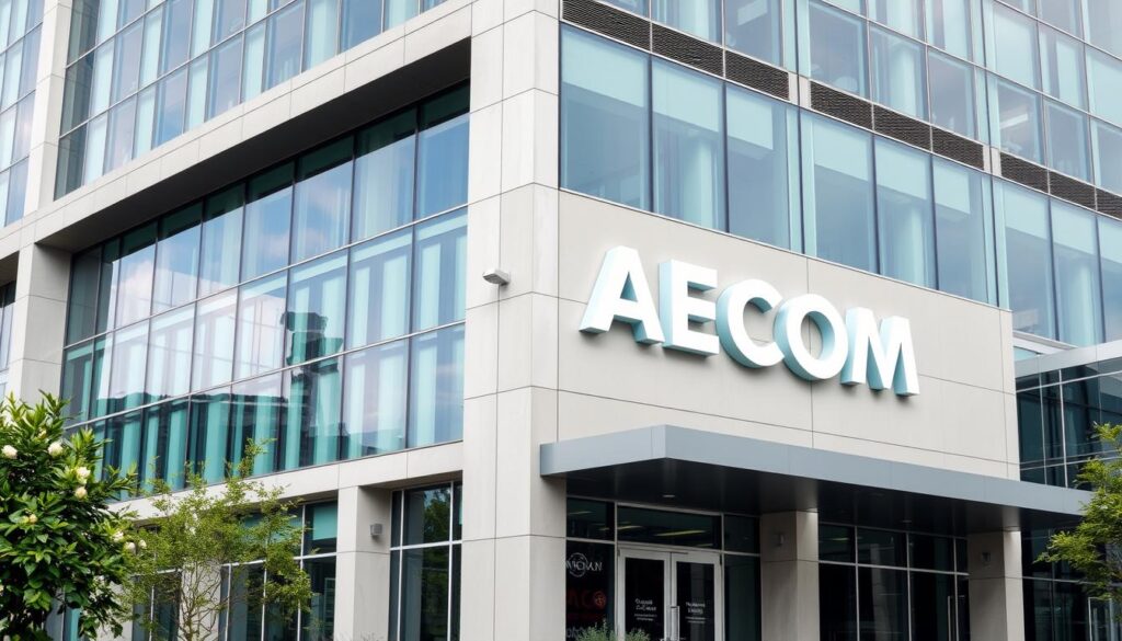 AECOM headquarters building with their logo prominently displayed, representing one of the top 10 civil engineering firms in the world AECOM headquarters building with their logo prominently displayed, representing one of the top 10 civil engineering firms in the world