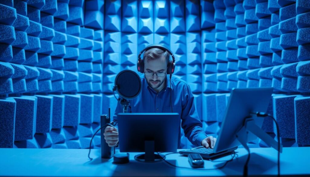Acoustic engineer testing sound properties in an anechoic chamber, demonstrating engineering disciplines and engineered products in practice Acoustic engineer testing sound properties in an anechoic chamber, demonstrating engineering disciplines and engineered products in practice