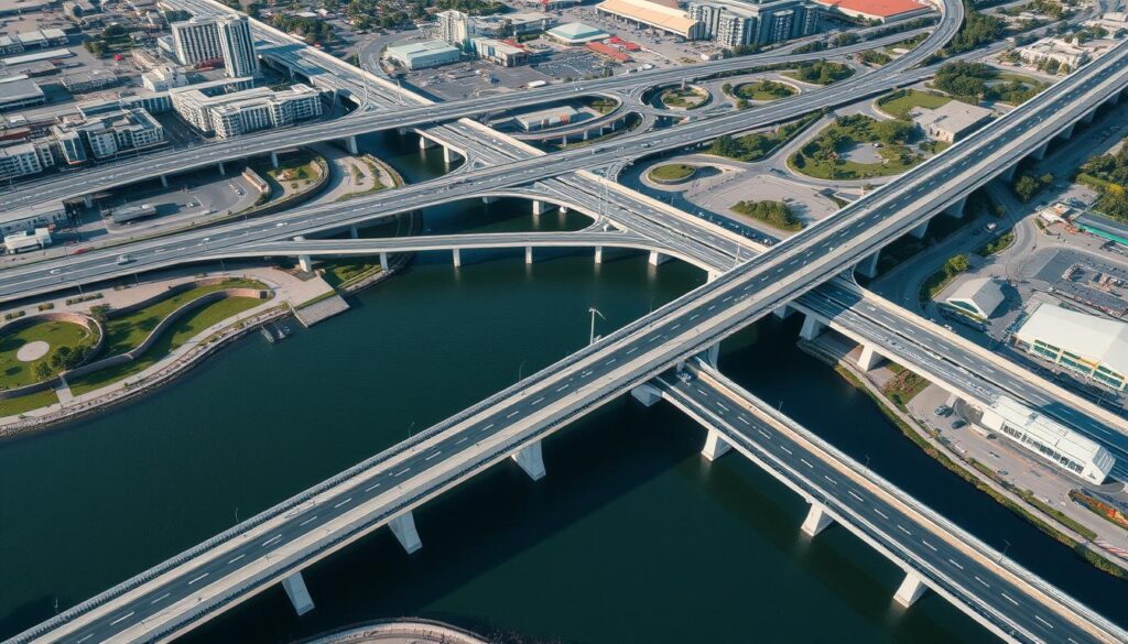 Aerial view of a major infrastructure project with bridges, highways and buildings showcasing the work of notable civil engineering companies
