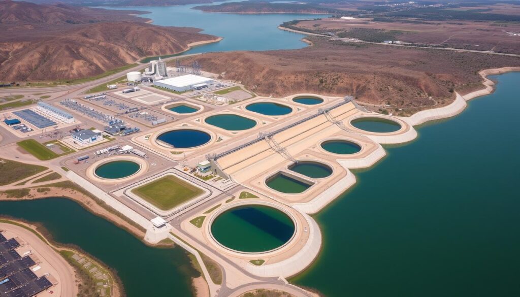 Aerial view of a major water infrastructure project designed by a notable civil engineering company Aerial view of a major water infrastructure project designed by a notable civil engineering company