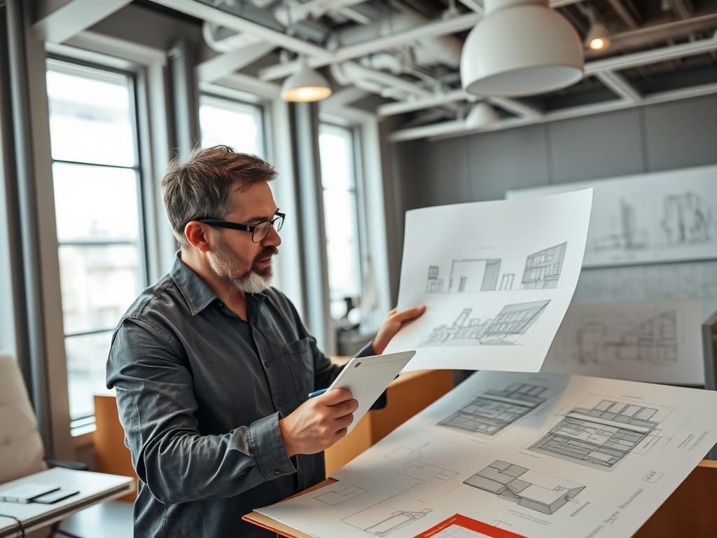 Architect working on design aspects of civil drawings Architect working on design aspects of civil drawings
