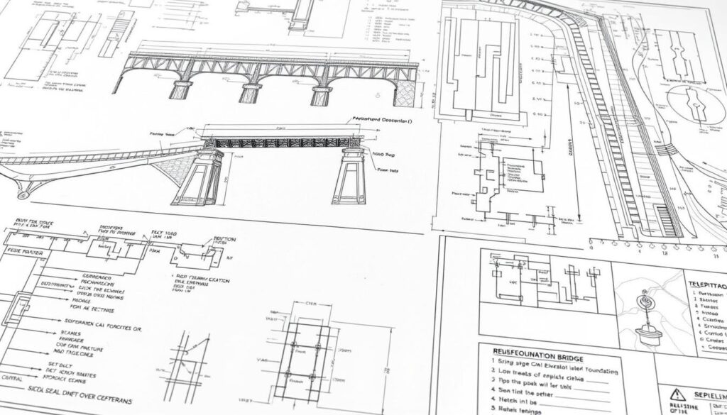 Bridge civil drawings showing structural elements and site plans Bridge civil drawings showing structural elements and site plans
