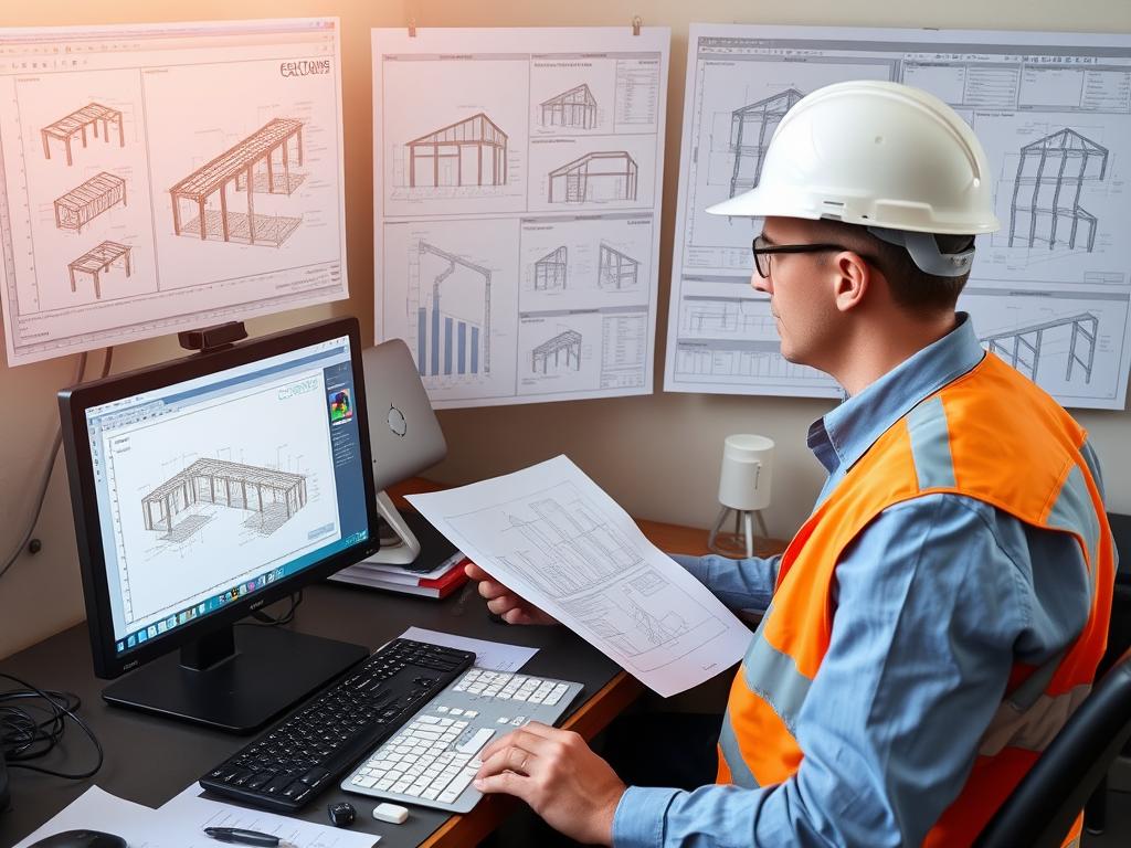 Civil engineer analyzing structural calculations and civil drawings Civil engineer analyzing structural calculations and civil drawings