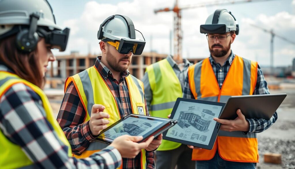Civil engineers using augmented reality and digital tools on a construction site, representing technological innovation in the industry Civil engineers using augmented reality and digital tools on a construction site, representing technological innovation in the industry