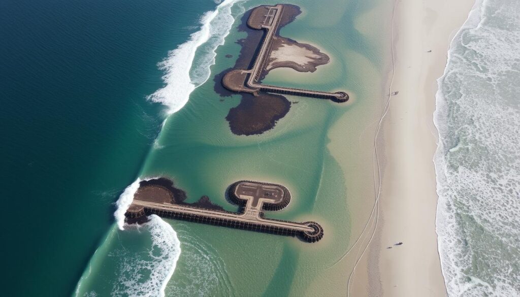 Coastal protection structures along Gibraltar's shoreline, demonstrating engineering disciplines and engineered products for environmental protection Coastal protection structures along Gibraltar's shoreline, demonstrating engineering disciplines and engineered products for environmental protection