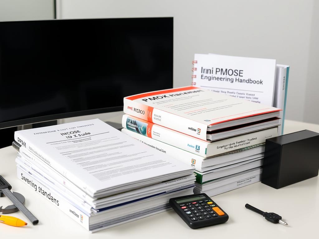 Collection of engineering project management standards and guidelines documents on a desk Collection of engineering project management standards and guidelines documents on a desk
