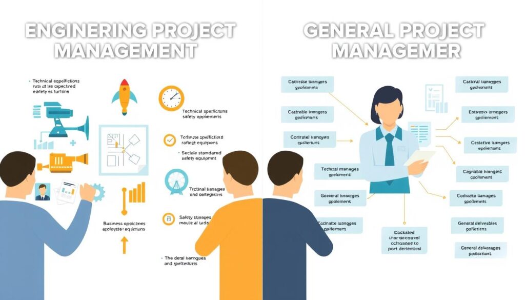 Comparison of engineering vs general project management approaches showing different emphasis areas Comparison of engineering vs general project management approaches showing different emphasis areas