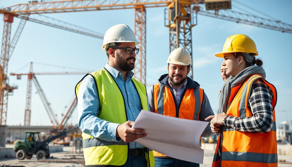 Construction manager coordinating team activities on a civil engineering project site