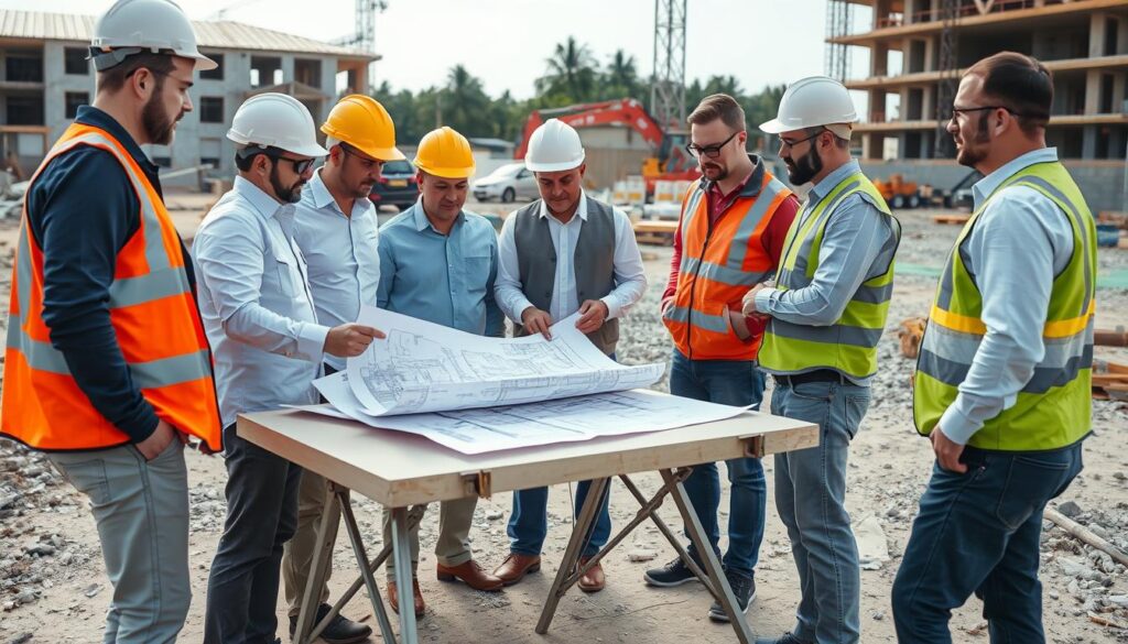 Construction team reviewing civil drawings on site Construction team reviewing civil drawings on site