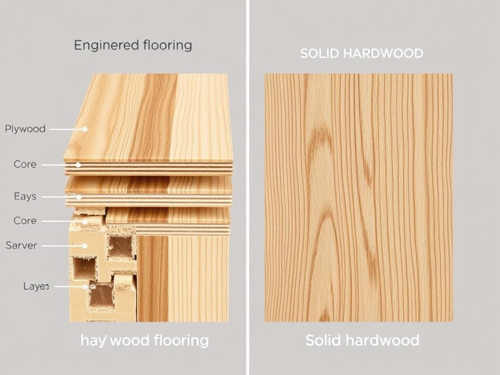 Cross-section comparison of engineered hardwood flooring versus solid wood flooring, showing the layered construction of engineering disciplines and engineered products Cross-section comparison of engineered hardwood flooring versus solid wood flooring, showing the layered construction of engineering disciplines and engineered products