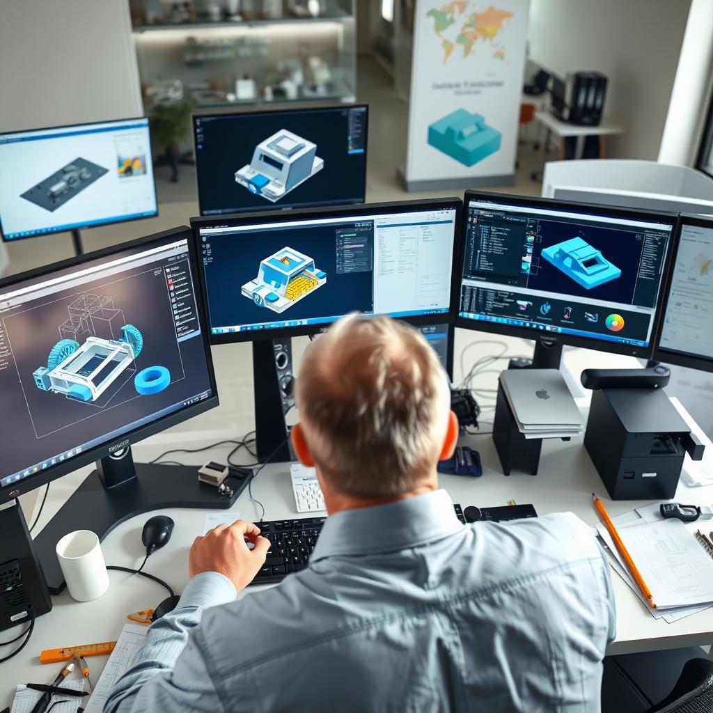 Design engineer working with 3D CAD software to develop a product prototype, showing engineering disciplines and engineered products development process Design engineer working with 3D CAD software to develop a product prototype, showing engineering disciplines and engineered products development process