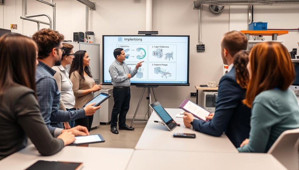 Engineering project manager implementing project management objectives with team in a technical environment Engineering project manager implementing project management objectives with team in a technical environment