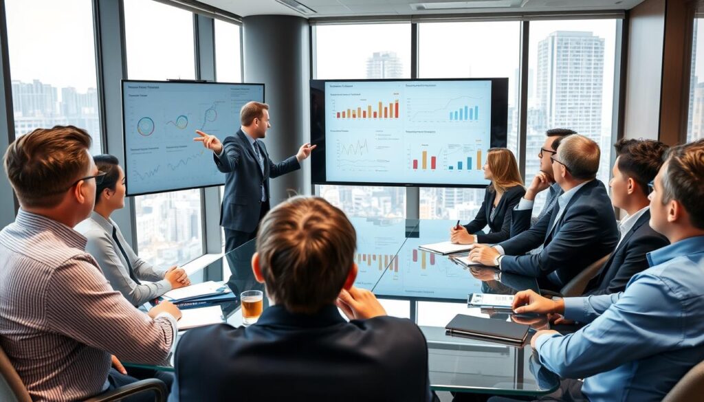 Engineering project manager presenting project progress to diverse stakeholders in a boardroom setting Engineering project manager presenting project progress to diverse stakeholders in a boardroom setting
