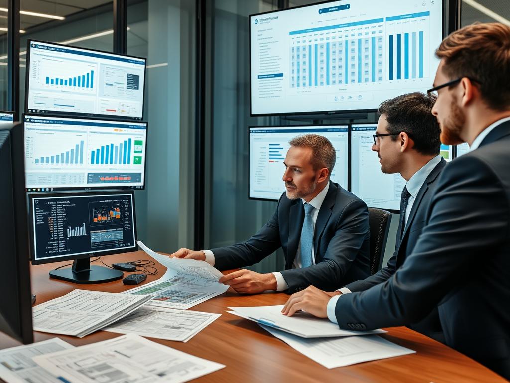 Engineering project manager reviewing budget spreadsheets and cost projections with finance team Engineering project manager reviewing budget spreadsheets and cost projections with finance team