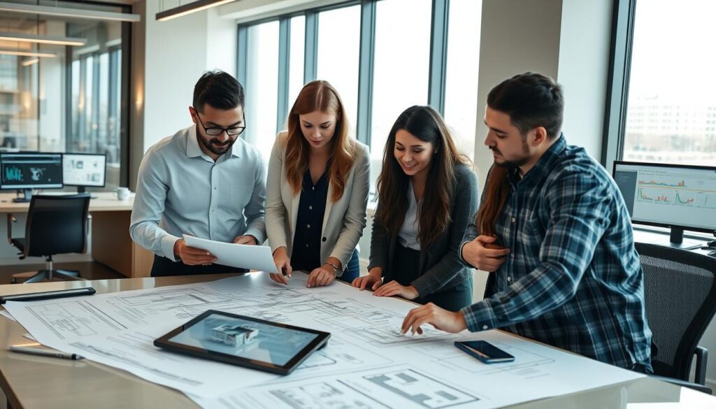 Engineering project manager reviewing technical drawings with team members, illustrating objectives of engineering project management