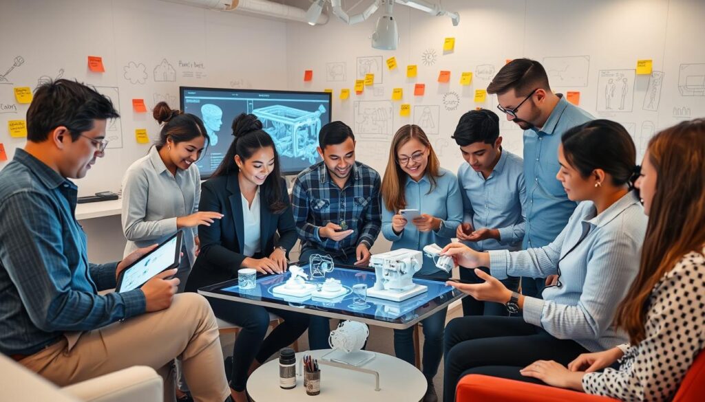 Engineering team brainstorming innovative solutions using digital tools and collaborative methods Engineering team brainstorming innovative solutions using digital tools and collaborative methods