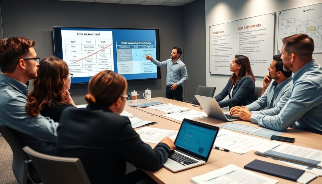 Engineering team conducting risk assessment workshop for a complex infrastructure project Engineering team conducting risk assessment workshop for a complex infrastructure project
