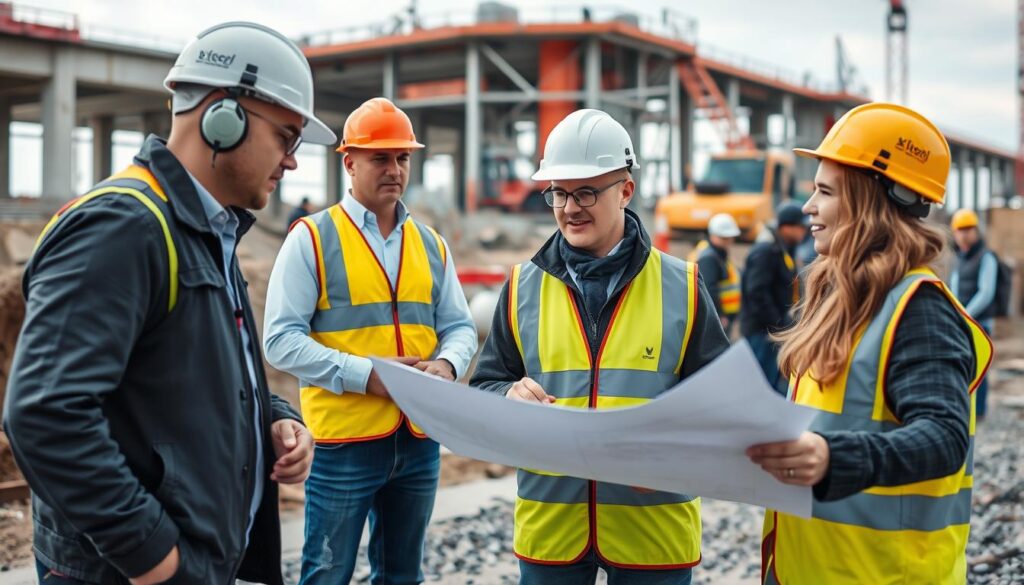 Engineers from a notable civil engineering company working on site at a major infrastructure project Engineers from a notable civil engineering company working on site at a major infrastructure project
