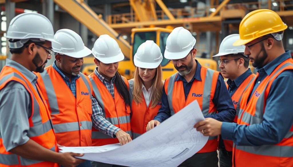 Fluor Corporation engineers working on a large-scale infrastructure project blueprint Fluor Corporation engineers working on a large-scale infrastructure project blueprint
