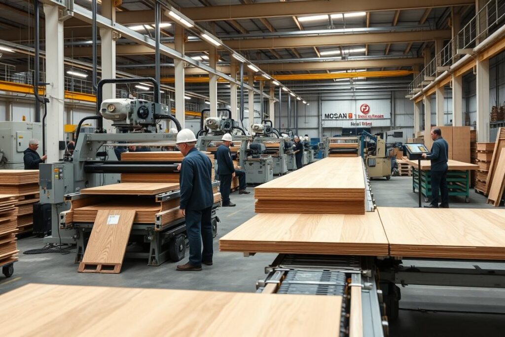 Manufacturing process of engineered wood flooring showing precision cutting and layering, illustrating engineering disciplines and engineered products manufacturing Manufacturing process of engineered wood flooring showing precision cutting and layering, illustrating engineering disciplines and engineered products manufacturing