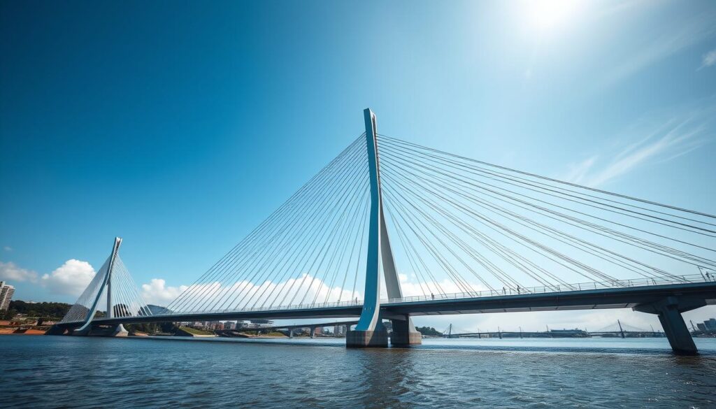 Modern infrastructure project showcasing civil engineering excellence with a suspension bridge spanning across water