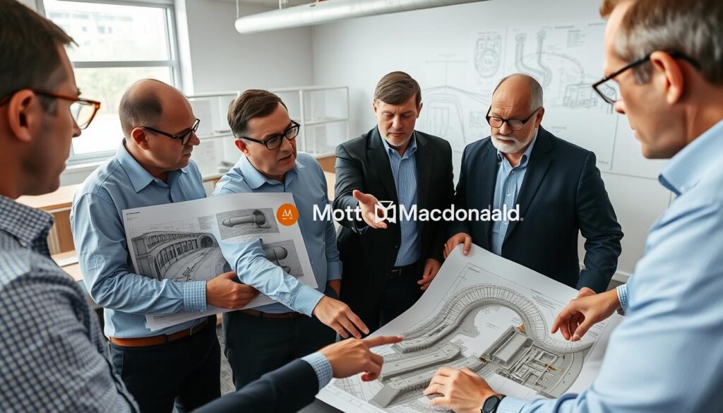 Mott MacDonald engineers collaborating on a complex tunnel infrastructure project Mott MacDonald engineers collaborating on a complex tunnel infrastructure project