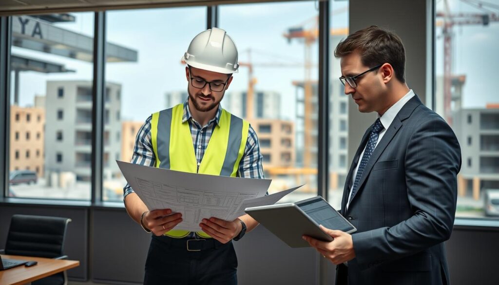 Project engineer and project manager collaborating on project plans Project engineer and project manager collaborating on project plans