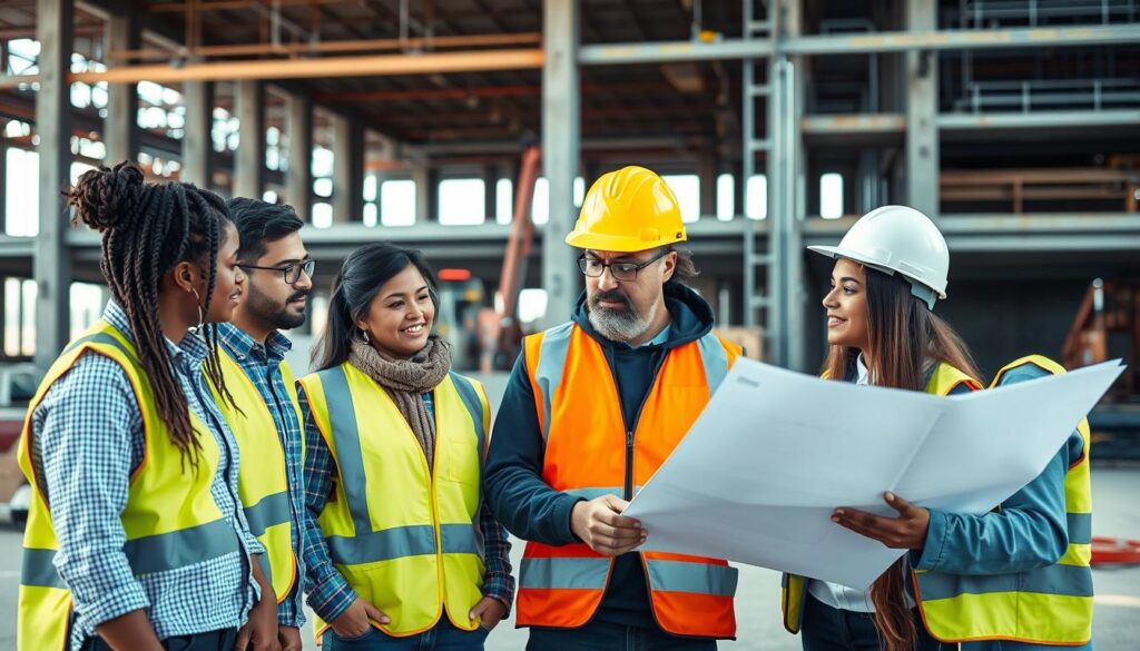 Project engineer reviewing blueprints with team members at construction site
