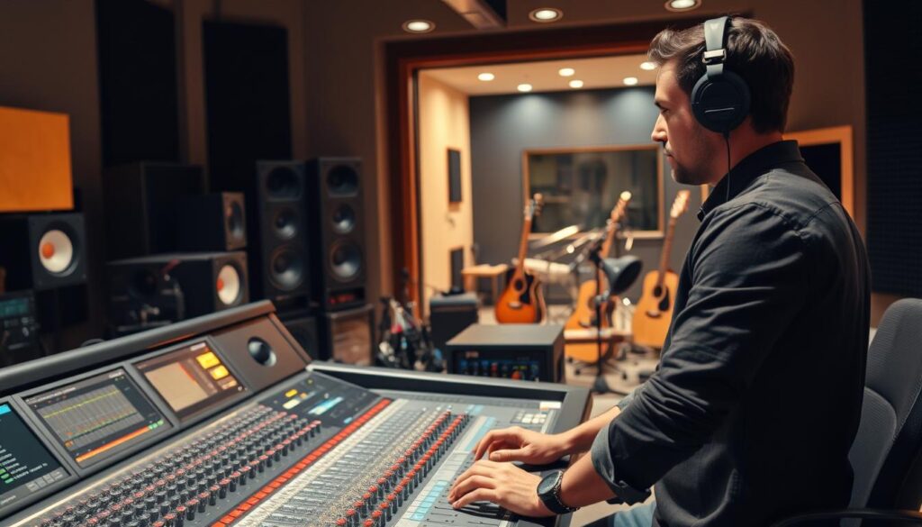 Sound engineer working at a mixing console in a recording studio, representing engineering disciplines and engineered products in audio production Sound engineer working at a mixing console in a recording studio, representing engineering disciplines and engineered products in audio production