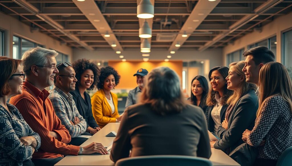 Stakeholder management: A vibrant, collaborative scene. In the foreground, a group of diverse individuals engaged in animated discussions, their expressions conveying thoughtful consideration. The middle ground features a central meeting table, illuminated by warm, focused lighting that draws the eye. Behind them, an expansive open-plan office space, with clean lines and a modern aesthetic, suggesting an atmosphere of professionalism and efficiency. The color palette is a harmonious blend of earthy tones and pops of vibrant accents, creating a sense of balance and sophistication. The overall composition evokes a sense of purposeful dialogue, effective teamwork, and strategic decision-making.