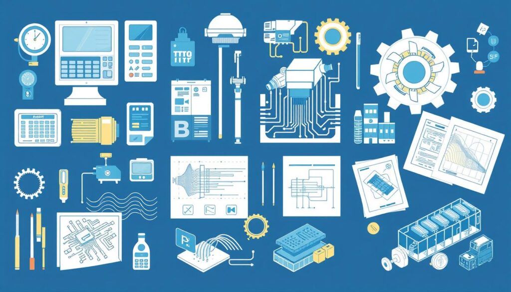Various engineering disciplines represented by their tools and applications, showcasing engineering disciplines and engineered products