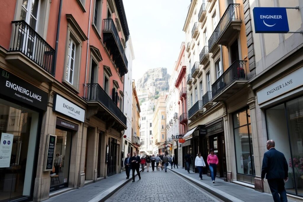View of Engineer Lane in Gibraltar showing historical architecture and modern engineering offices, highlighting engineering disciplines and engineered products in an urban context View of Engineer Lane in Gibraltar showing historical architecture and modern engineering offices, highlighting engineering disciplines and engineered products in an urban context